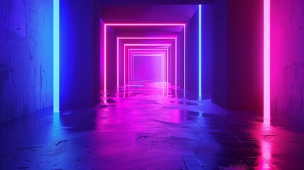 Futuristic corridor with pink and blue neon - This image features an immersive corridor illuminated by intense pink and blue neon lights with a modern, urban feel