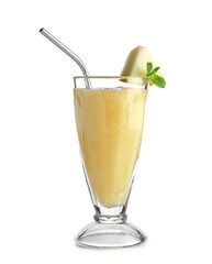Glass of tasty melon smoothie with mint on white background