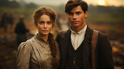 Portrait of Young couple in love at sunset, looking at camera. Elegant man and woman in vintage clothes. Colonial style