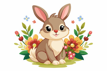 Charming rabbit cartoon character adorned with beautiful flowers against a white backdrop.