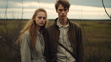 Portrait of a young couple in love. A man and a woman in the field. Old vintage or colonial style.