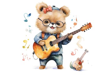 Cute cartoon teddy bear with guitar. Watercolor illustration.