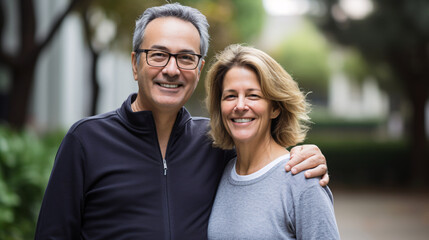 Portrait of happy senior couple standing in the park at the day time, looking to the camera