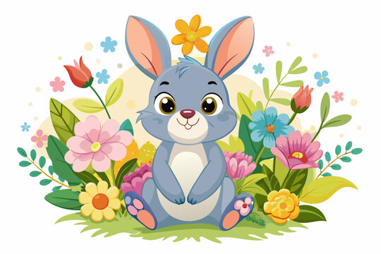 Charming rabbit cartoon adorned with vibrant flowers on a pristine white background.