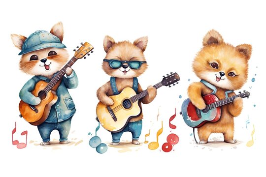 Cute little dogs with guitar and sunglasses. Watercolor illustration.