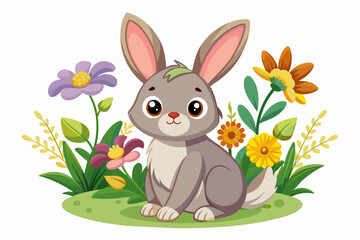 A charming rabbit cartoon character holds a bouquet of flowers on a white background.