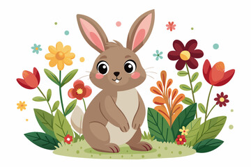 Charming rabbit cartoon adorned with colorful flowers against a white background.