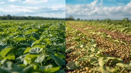 A side by side comparison of traditional vs genetically modified soybeans with the modified version showing higher energy content and potential for biofuel production. .