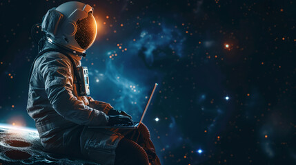 Fantasy concept, lonely astronaut using laptop to work outer space