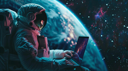 Fantasy concept, lonely astronaut using laptop to work outer space