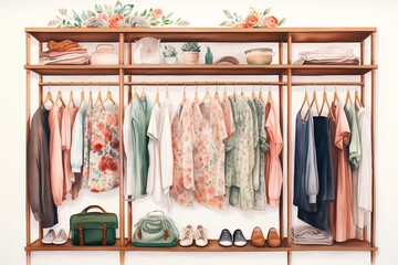 Closet with clothes, shoes, accessories and flowers on white background