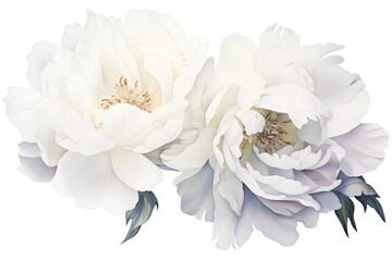 Obraz premium White peony flowers isolated on white background. Watercolor hand drawn illustration.