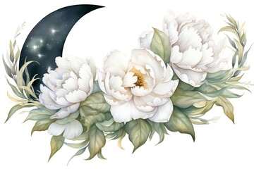 Beautiful vector image with nice watercolor moon and peony flowers