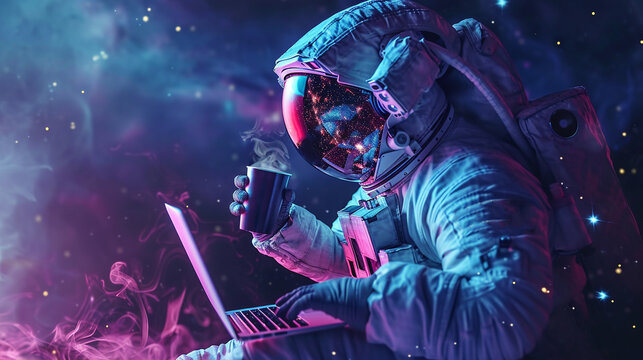 Fantasy concept, lonely astronaut using laptop to work outer space with a cup of hot coffee in hand