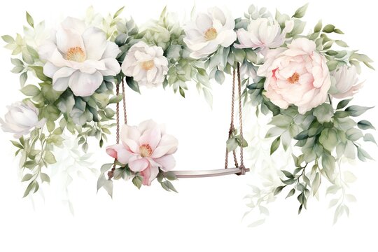 Watercolor floral wreath with peony flowers, green leaves, branches.