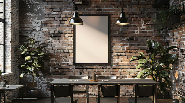 Front view blank black menu frame on brick wall with lamp in loft cafe interior, mockup 3d rendering