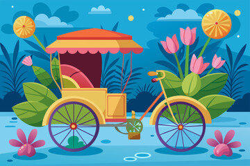 Charming cartoon rickshaw adorned with colorful flowers.