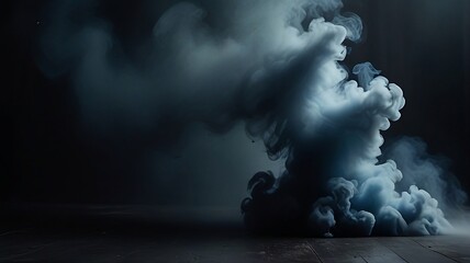 dark and moody foggy background  Blue toxic smoke emerging from the wooden floor - obrazy, fototapety, plakaty