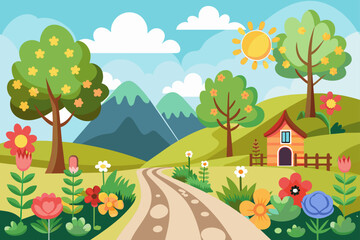 Fototapeta premium A charming cartoon road adorned with colorful flowers blooms vibrantly against a pure white background.