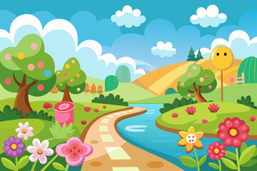 A charming cartoon road with vibrant flowers blooming on either side, set against a pristine white background.