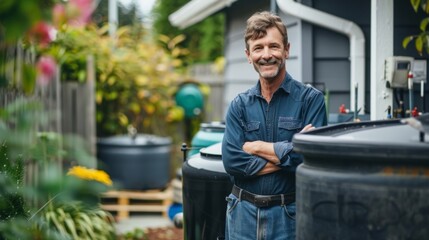 A smiling homeowner standing proudly next to their homemade biofuel production system consisting of large tanks and pipes in their neatly manicured backyard. . - obrazy, fototapety, plakaty