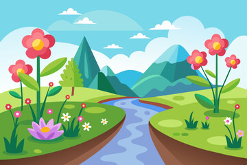 A charming cartoon road adorned with blooming flowers gracefully meanders across a pristine white background.