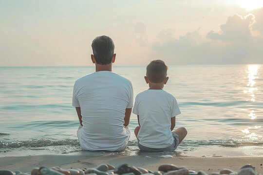 father and son in white tshirts sitting by the sea back view blank apparel mockup digital illustration