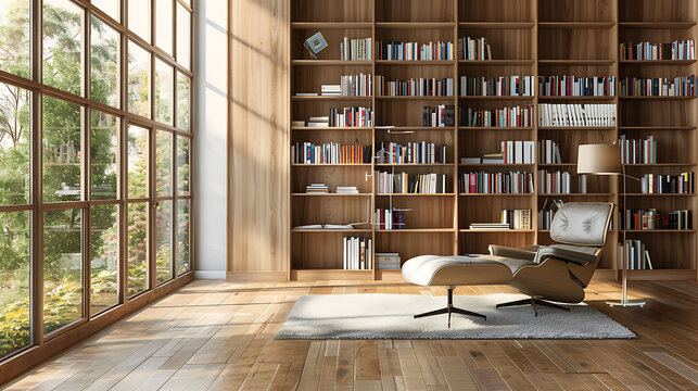 Interior of a large modern living room or home library with white and wooden walls, wooden floor, comfortable armchairs and bookshelves