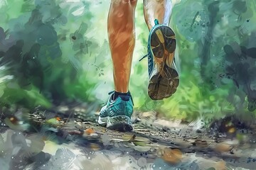 female trail runner on forest path closeup of running shoes active lifestyle digital painting - obrazy, fototapety, plakaty