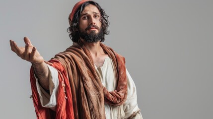Jesus christ strecthing arm forward isolated over grey background. Welcoming you to follow the...