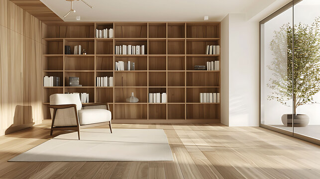 Interior of a large modern living room or home library with white and wooden walls, wooden floor, comfortable armchairs and bookshelves