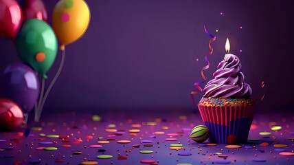 Festive birthday cupcake with candle and vibrant balloons in high resolution