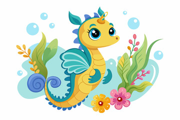 Charming cartoon seahorse adorned with vibrant flowers.
