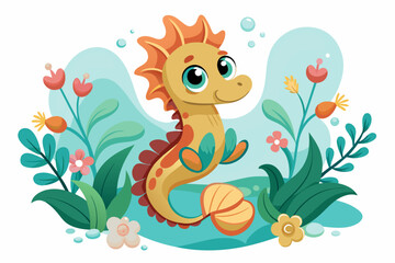 Charming seahorse cartoon adorned with vibrant flowers