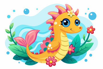 Fototapeta na wymiar Charming cartoon seahorse adorned with vibrant flowers.