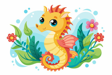 Fototapeta na wymiar The charming seahorse cartoon adorned with beautiful flowers creates a whimsical and enchanting atmosphere.