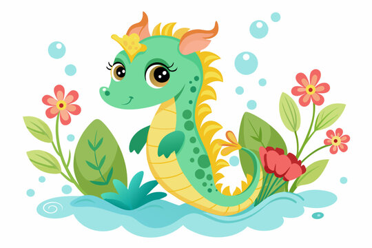 A charming cartoon seahorse adorned with vibrant flowers.