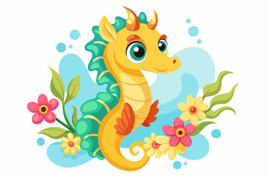 Charming seahorse cartoon with flowers adorns the image.