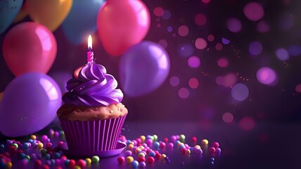 Festive cupcake with candle and vibrant balloons for celebrations - obrazy, fototapety, plakaty