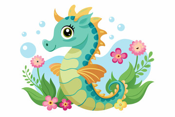 Charming seahorse cartoon with flowers adorns the image.