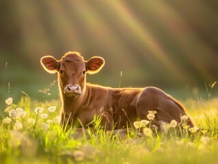 Cute Calf Resting in Yellow Flower Meadow Cow Pasture
