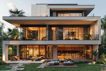 A two-story modern house with large glass windows, set against the backdrop of lush greenery and palm trees in Miami's tropical climate. Created with Ai