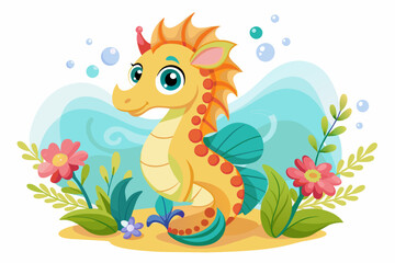 Fototapeta na wymiar A charming cartoon seahorse adorned with vibrant flowers swims gracefully through the ocean.