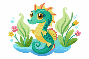 The charming seahorse cartoon adorned with beautiful flowers creates a whimsical and enchanting atmosphere.