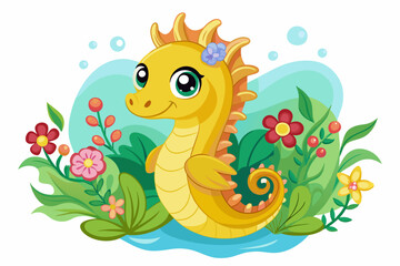 Charming cartoon seahorse adorned with vibrant flowers