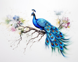Watercolor painting of a peacock, the largest of the pheasant family. Males have long, colorful tail
 feathers. When spread out to show off the female gender, it is very beautiful, called "Rampan".