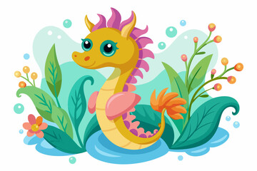 Fototapeta na wymiar Charming sea horse cartoon with delicate flowers embellishments.