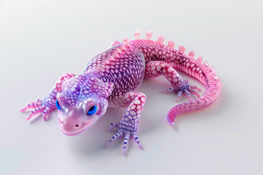 A pink and purple alien lizard with blue eyes and crystal spikes on its back