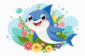 A charming shark cartoon animal adorns itself with vibrant flowers.