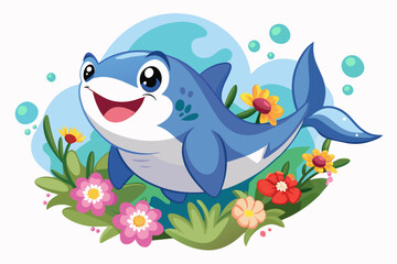 The charming shark cartoon wears flowers on its head and smiles broadly.